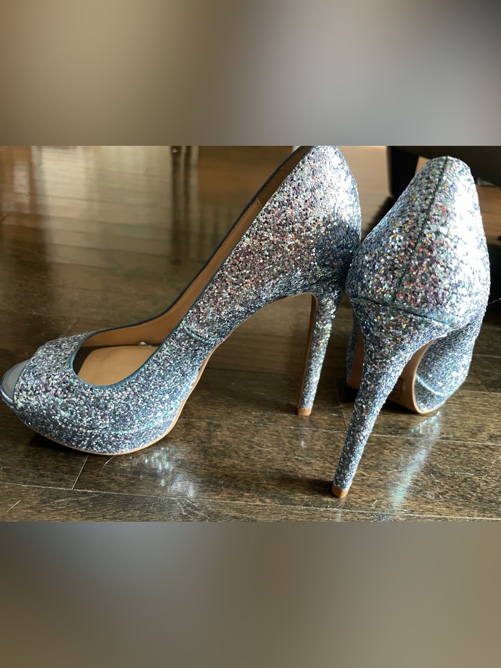 Qupid Blue Holographic Glitter Peep Toe Platform Pumps | Size 6.5 | 5” Heels